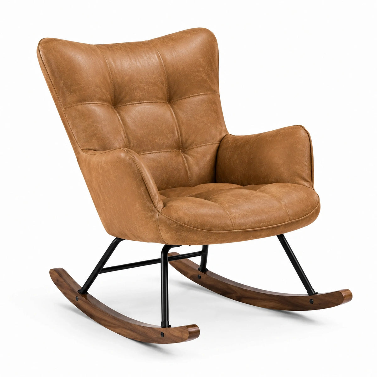 Gepolsterter Schaukelsessel 76 × 92 × 102 cm in Braun/Schwarz mit Lederoptik, Metallgestell und Holzkufen