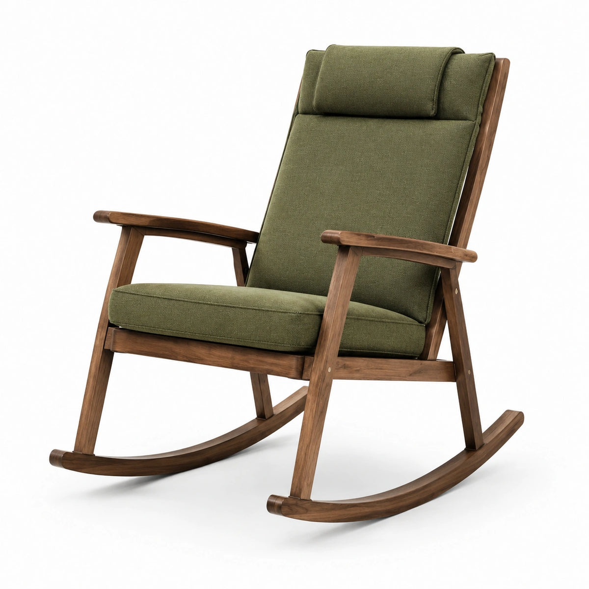 Skandinavischer Schaukelstuhl 70 × 95 × 105 cm mit olivgrüner Polsterung und dunkelbraunem Holzgestell