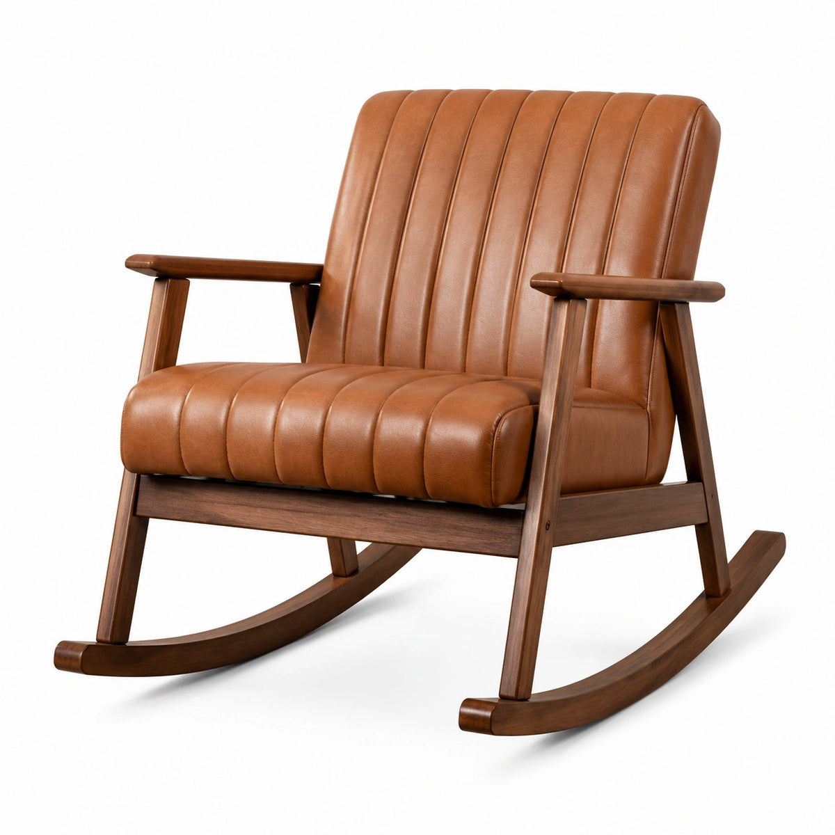 Retro-Schaukelstuhl aus braunem Kunstleder mit dunkelbraunem Holzgestell, 98 × 70 × 92 cm