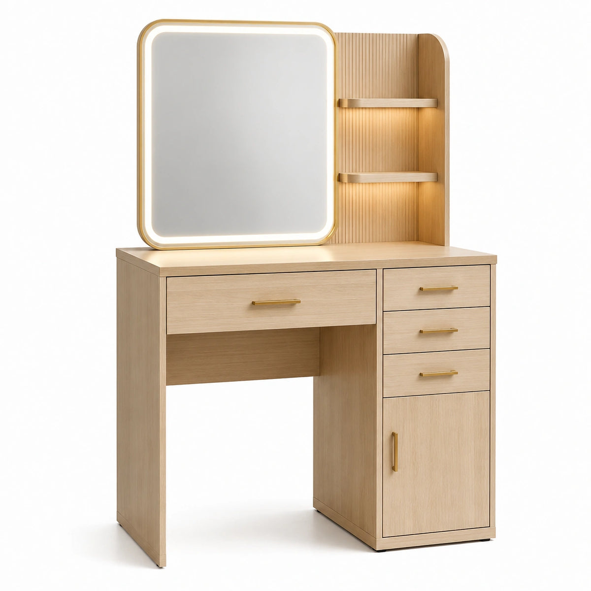 Schminktisch 100 × 45 × 150 cm in Natur/Gold mit beleuchtetem Spiegel, 4 Schubladen und Schrankfach