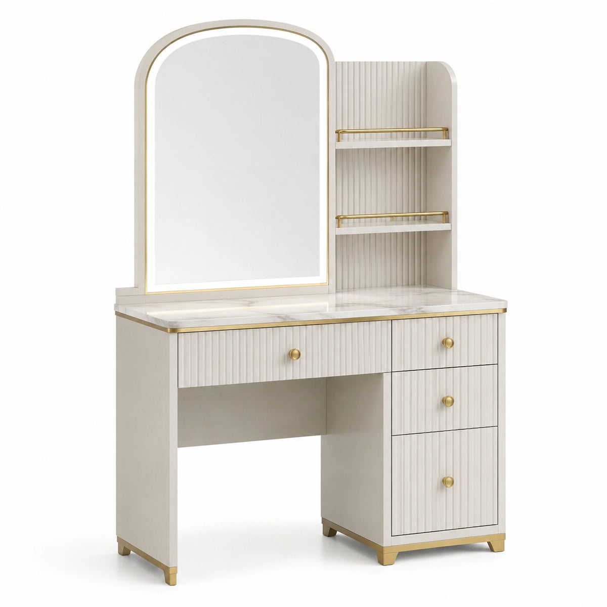 Schminktisch mit Spiegel, 4 Schubladen und 2 Ablagen, Weiß/Gold, 100 × 45 × 150 cm