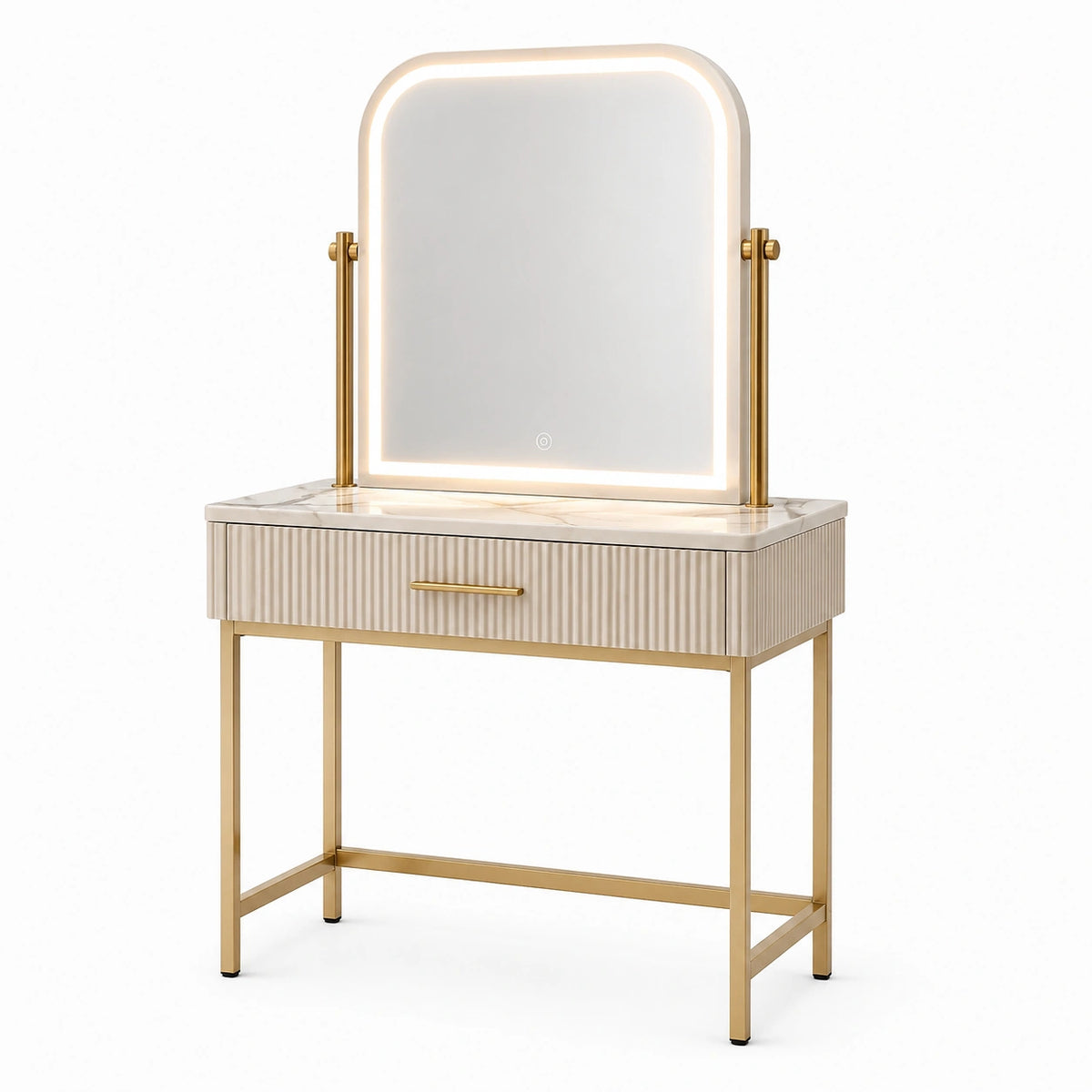 Moderner Schminktisch 80 × 45 × 145 cm Weiß/Gold mit LED-Spiegel und Schublade