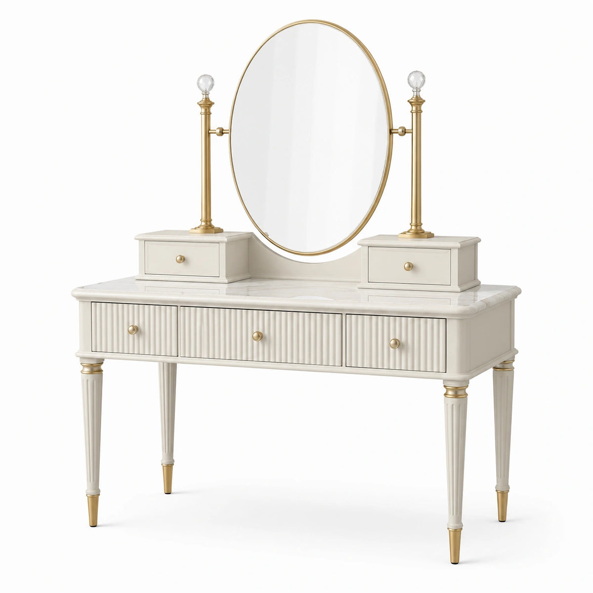 Klassischer Schminktisch mit ovalem Spiegel, 5 Schubladen, 120 × 45 × 150 cm, Weiß/Gold
