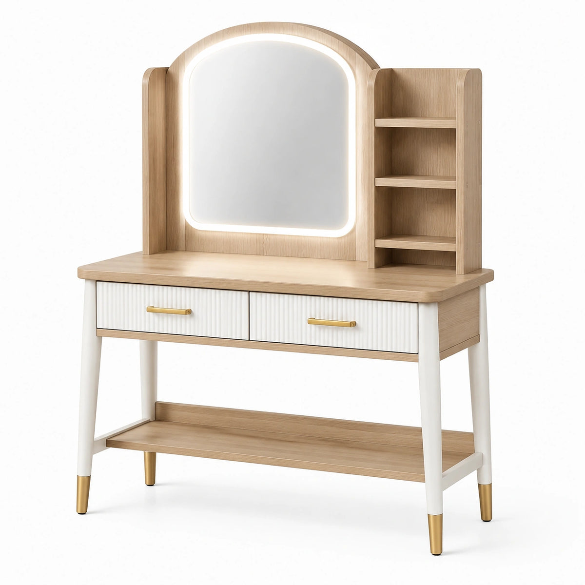 Schminktisch 100 × 45 × 160 cm in Naturholz/Weiß/Gold mit LED-Spiegel, 2 Schubladen und Ablagen