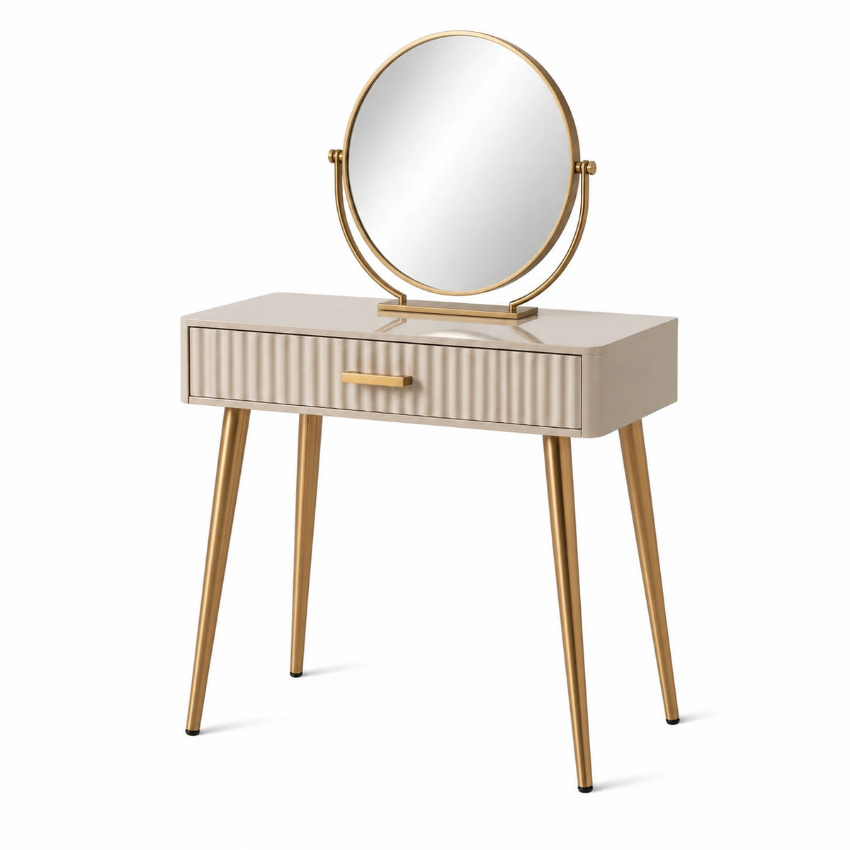 Moderner Schminktisch 80 x 40 x 125 cm Beige/Gold mit rundem Spiegel und Schublade