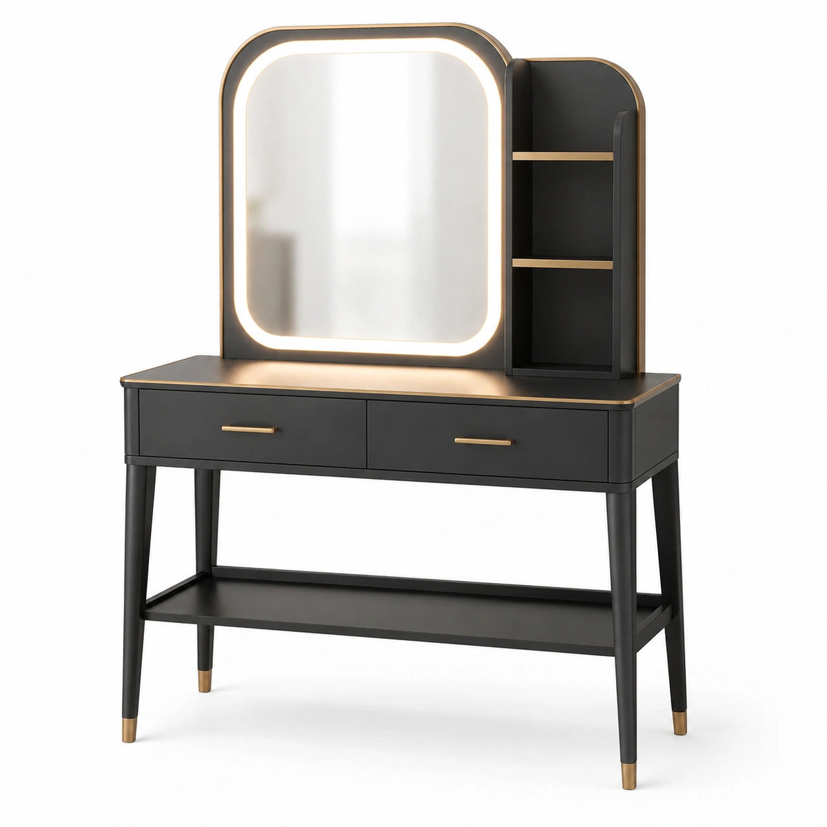 Moderner Schminktisch 100 × 45 × 150 cm in Schwarz/Gold mit beleuchtetem Spiegel, 2 Schubladen und Ablagen