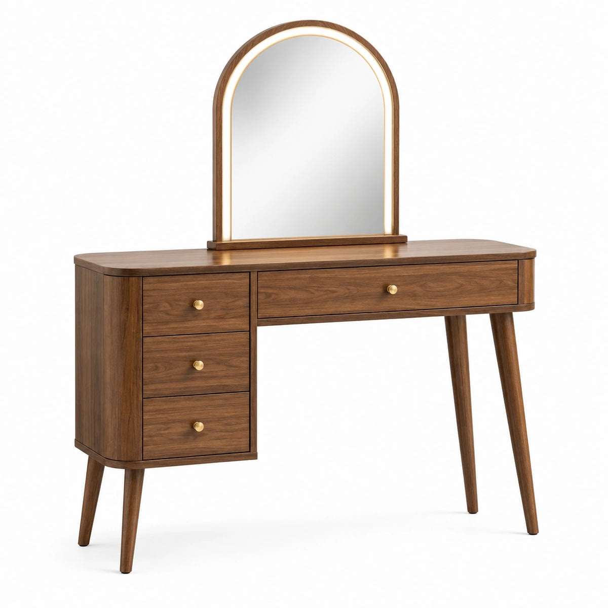 Schminktisch im Retro-Stil mit Spiegel und 4 Schubladen, 120 × 50 × 150 cm, Walnussbraun/Gold