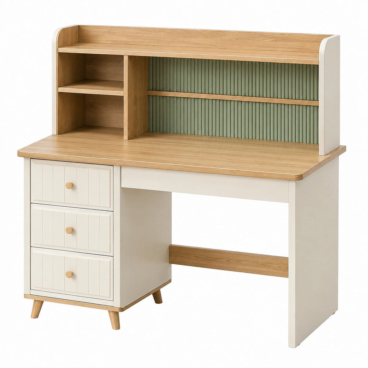 Schreibtisch mit Regalaufsatz, 3 Schubladen und offenen Ablagen, 120 × 60 × 150 cm, Naturweiß/Grün/Holzfarben