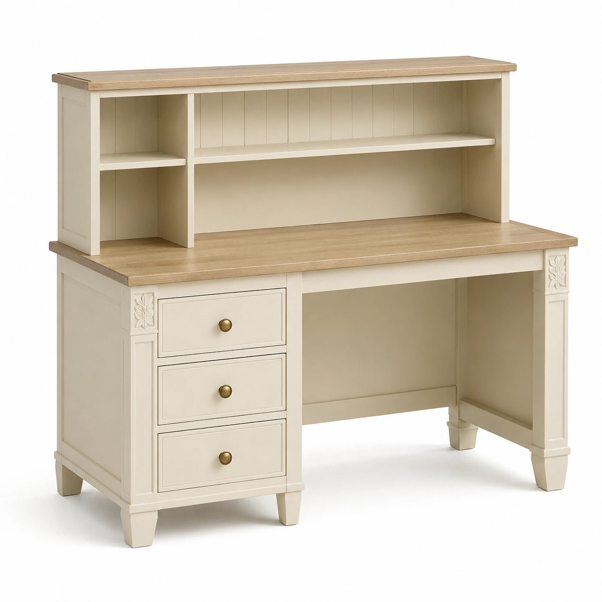 Landhaus-Schreibtisch mit Regalaufsatz, 3 Schubladen, 120 x 60 x 110 cm, Cremefarben/Naturholz