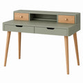Schreibtisch 120 × 60 × 90 cm in Olivgrün und Braun mit 4 Schubladen, Aufsatz und Holzbeinen