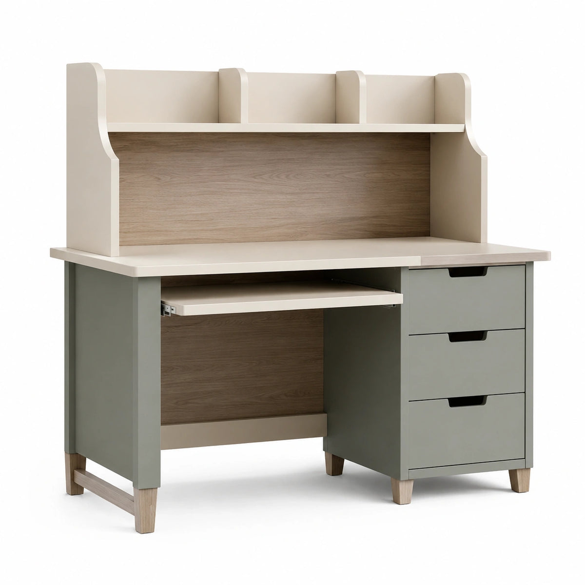 Schreibtisch 120 × 60 × 150 cm in Beige, Grau und Holzoptik mit Aufsatz, Ausziehablage und 3 Schubladen