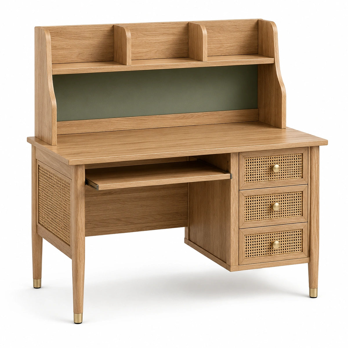 Schreibtisch 100 × 55 × 145 cm in Naturholz mit Rattan, grünem Aufsatz und 3 Schubladen