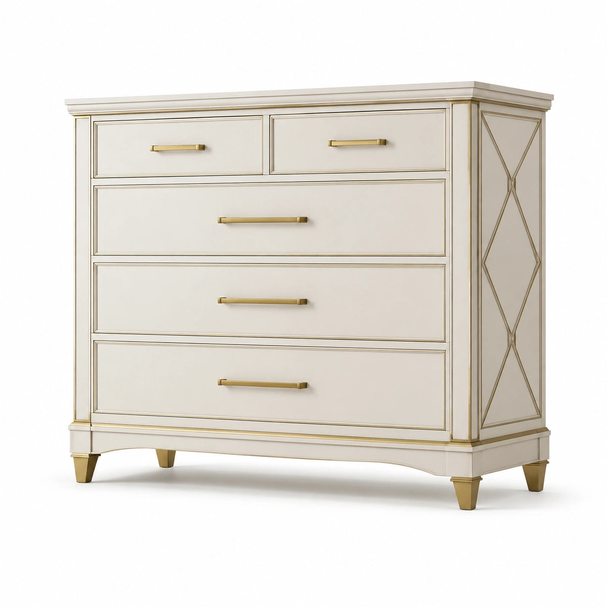 Klassische Kommode mit 5 Schubladen, 140 x 45 x 95 cm, Creme/Gold