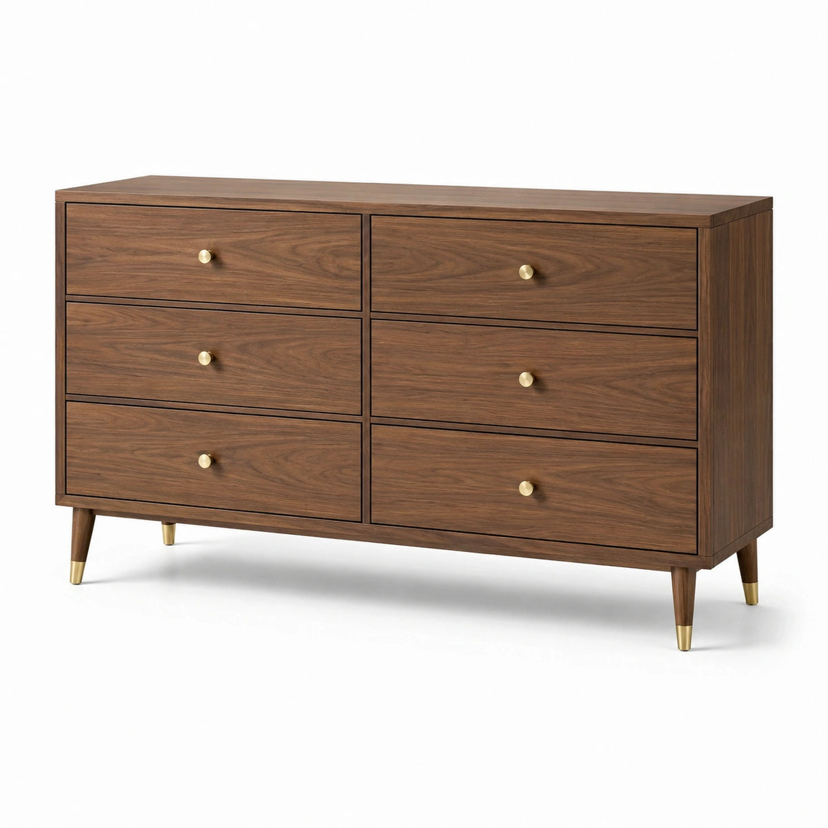 Mid-Century-Kommode mit 6 Schubladen, 160 × 45 × 85 cm, Walnussbraun/Gold