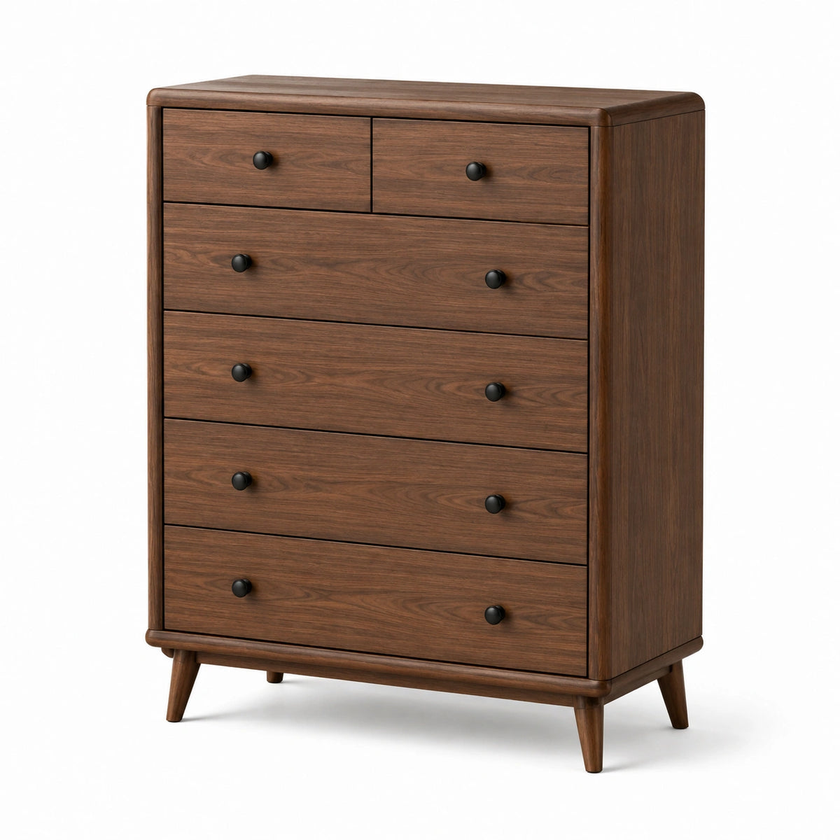 Kommode in Walnussbraun mit schwarzen Knöpfen, 100 × 45 × 120 cm, 6 Schubladen im Mid-Century-Stil