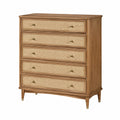 Holzkommode mit Rattangeflecht, 5 Schubladen, Naturbraun/Beige/Goldfarben, 90 × 45 × 115 cm