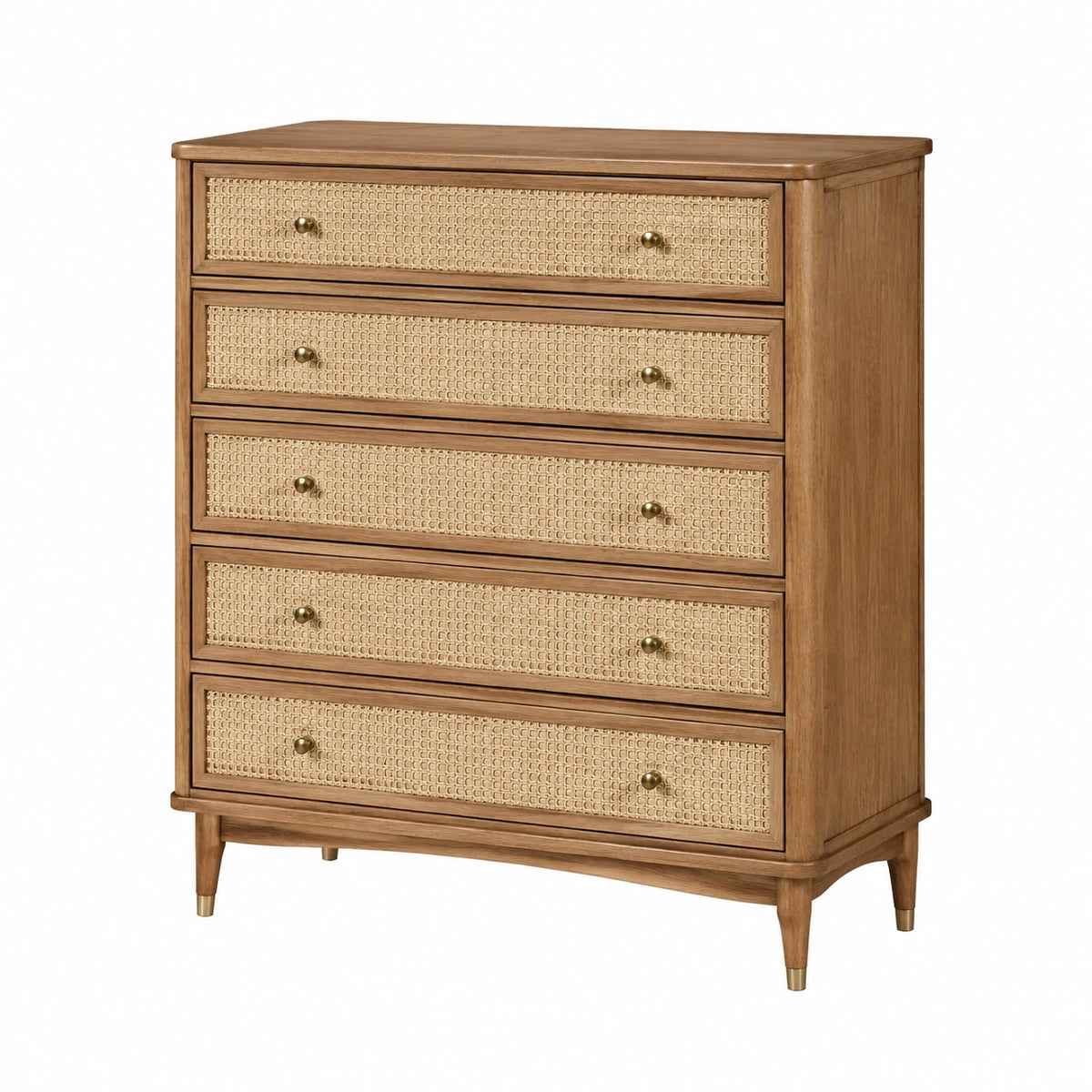 Holzkommode mit Rattangeflecht, 5 Schubladen, Naturbraun/Beige/Goldfarben, 90 × 45 × 115 cm