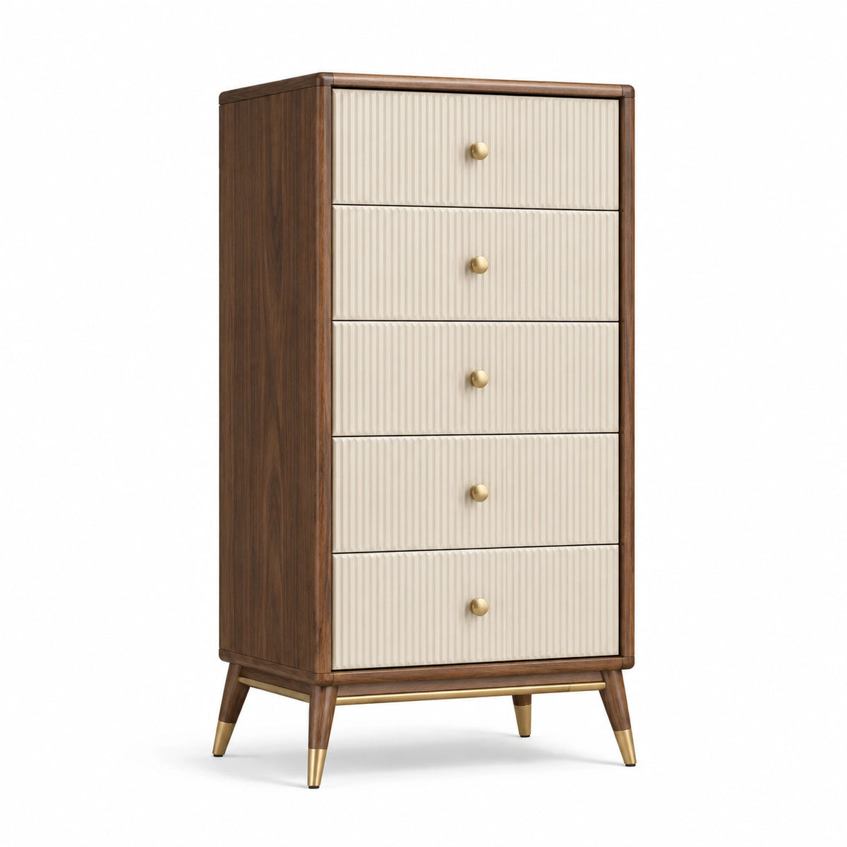 Mid-Century-Schubladenschrank 60 × 40 × 120 cm in Braun, Creme und Gold mit 5 Schubladen