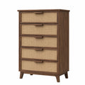 Retro-Kommode mit 5 Schubladen aus Holz und Rattan, Walnussbraun/Beige, 80 × 40 × 120 cm