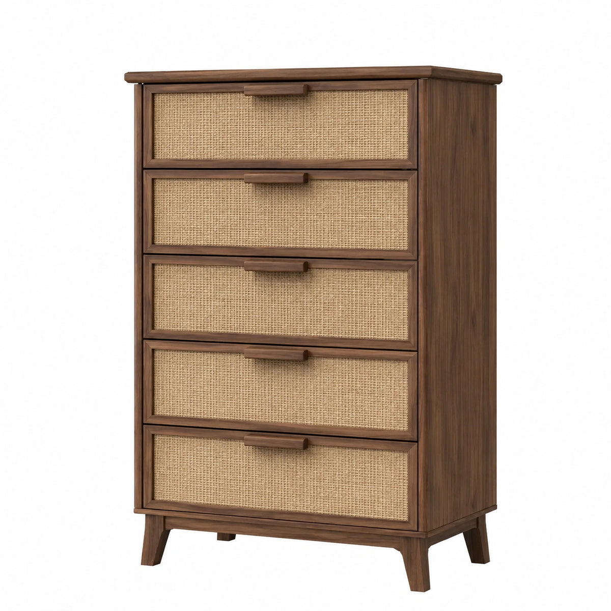 Retro-Kommode mit 5 Schubladen aus Holz und Rattan, Walnussbraun/Beige, 80 × 40 × 120 cm