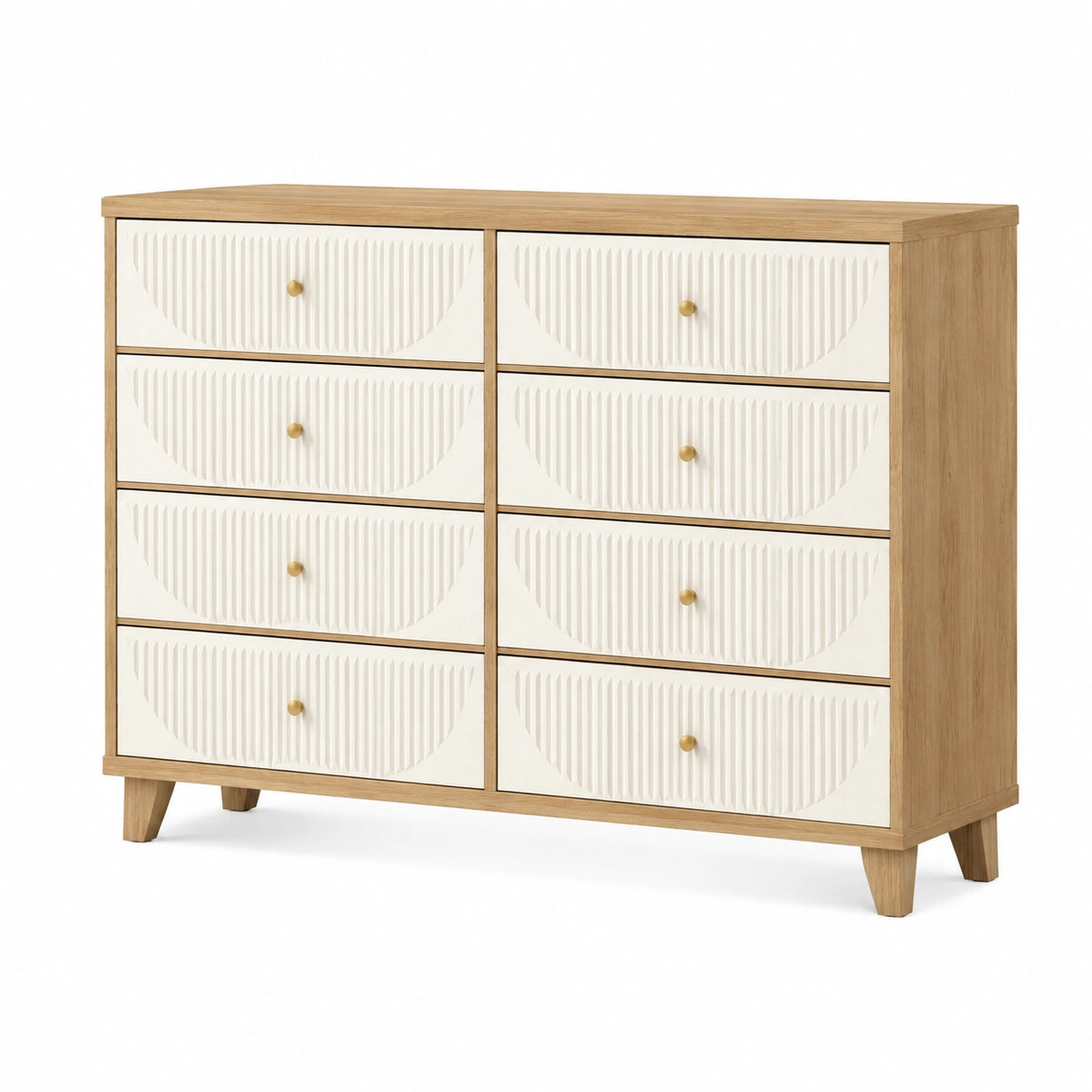 Kommode aus Holzwerkstoff, 140 × 40 × 100 cm, Natur/Creme/Gold, 8 geriffelte Schubladen