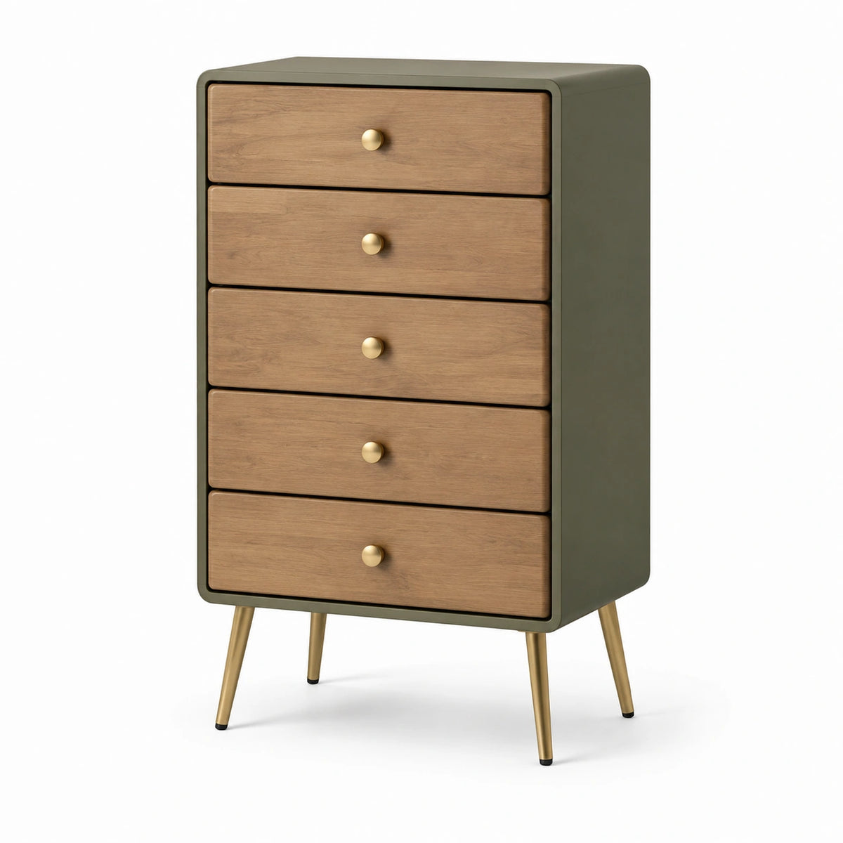Retro-Kommode mit 5 Schubladen, 70 × 40 × 120 cm, Olivgrün/Braun/Gold