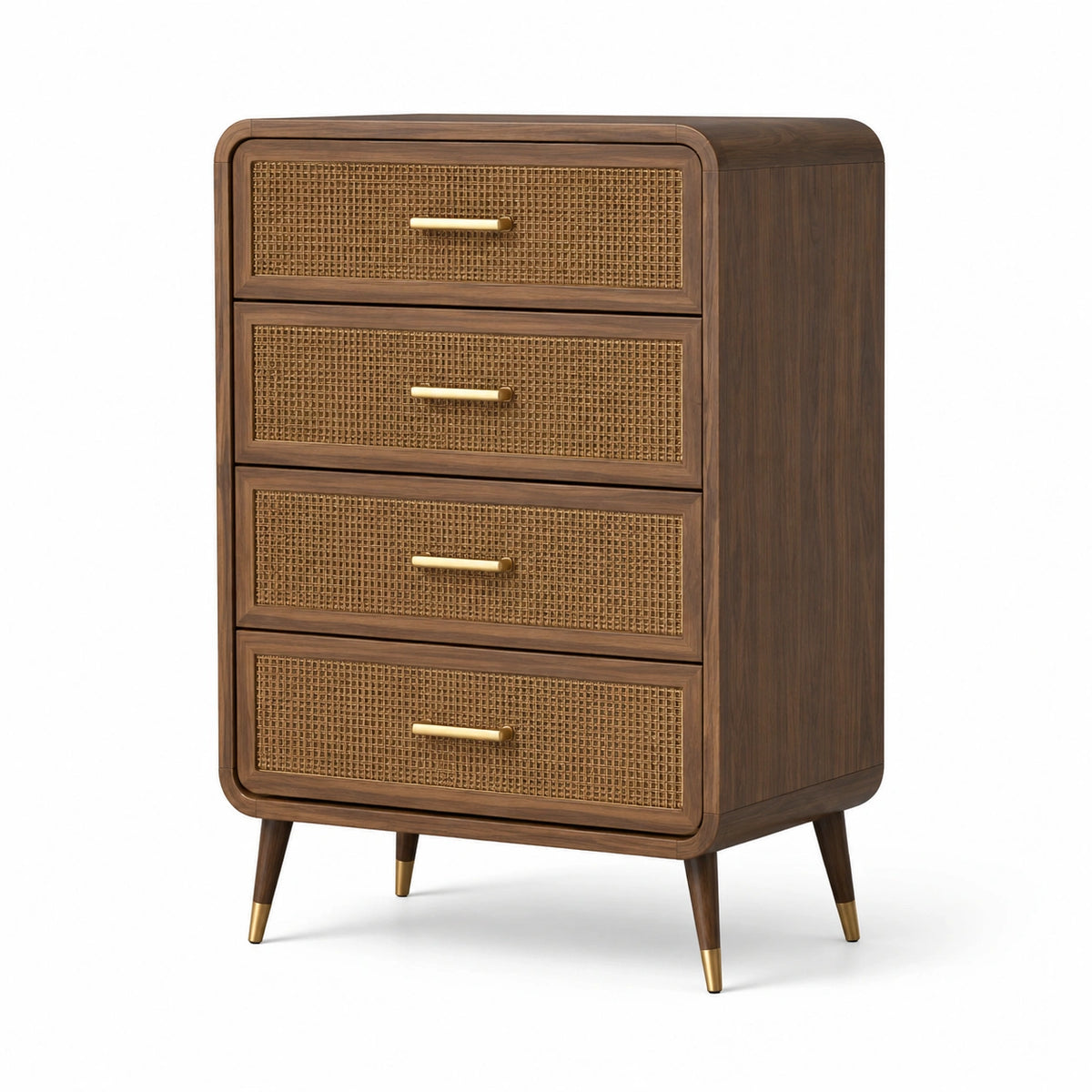 Kommode 80 × 45 × 120 cm aus Holz mit Rattangeflecht, 4 Schubladen, Walnussbraun/Natur/Gold