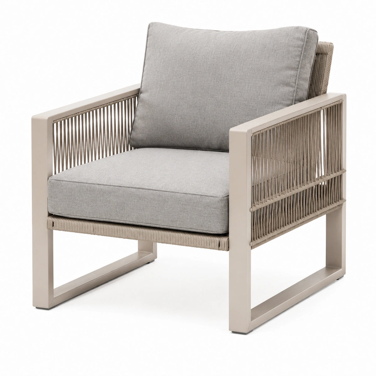 Moderner Loungesessel aus Metall mit Seilgeflecht und Polsterung, 80 × 78 × 78 cm, Beige/Grau