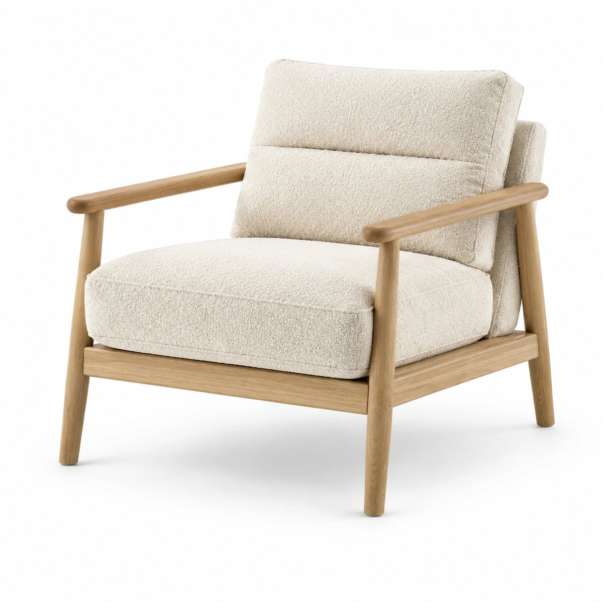 Skandinavischer Loungesessel 75 × 82 × 86 cm mit Bouclébezug in Creme und Naturholzgestell