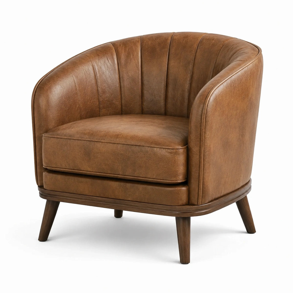 Vintage-Sessel aus braunem Kunstleder mit dunkelbraunen Holzbeinen, 78 × 76 × 82 cm