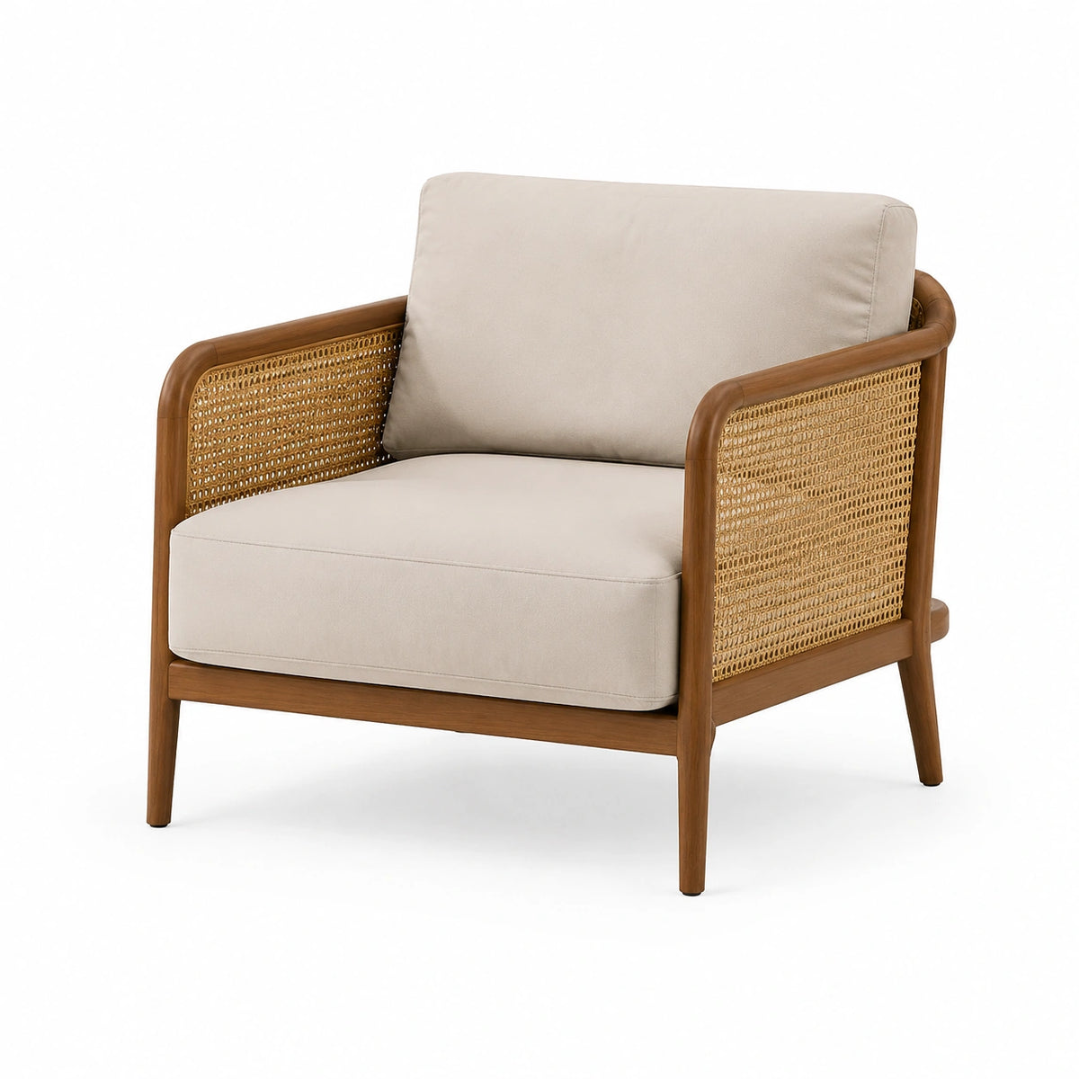 Loungesessel aus Holz und Rattan mit beiger Polsterung, Beige/Braun, 76 × 80 × 78 cm