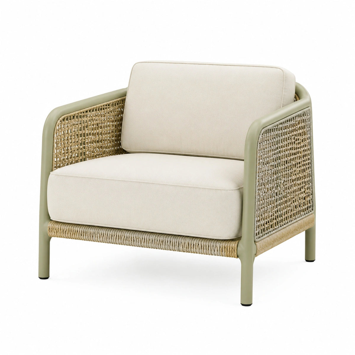 Gepolsterter Loungesessel 75 × 78 × 78 cm aus Metall und Kunststoffgeflecht in Creme, Salbeigrün und Natur
