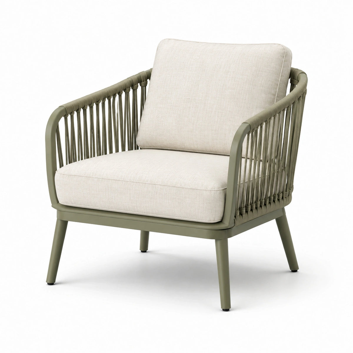Gartenstuhl mit Metallgestell, Seilgeflecht und Polstern, 75 × 78 × 82 cm, Olivgrün/Beige