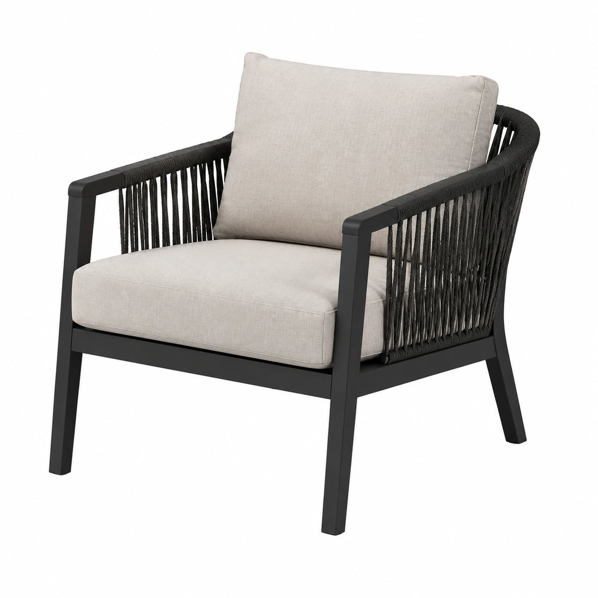 Garten-Loungesessel 75 x 80 x 82 cm Schwarz/Hellbeige mit Metallgestell, Kordelbespannung und Polstern