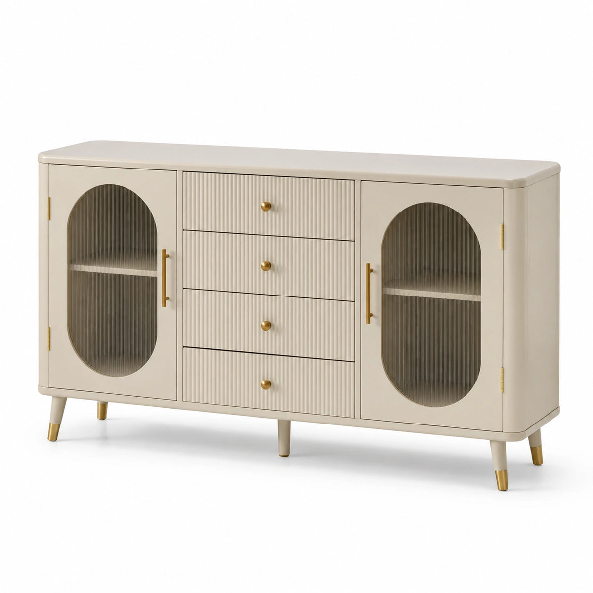 Modernes Sideboard aus Holzwerkstoff mit Riffelglas, 4 Schubladen, 160 × 40 × 80 cm, Creme/Gold