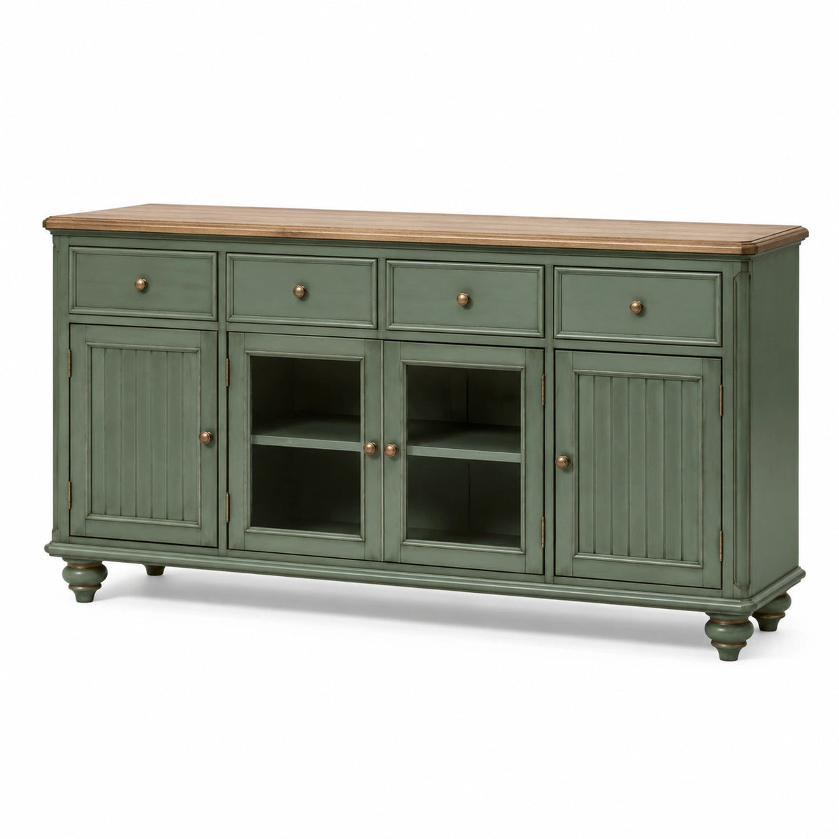 Sideboard aus Holz und Glas, 180 × 45 × 90 cm, Salbeigrün/Naturbraun