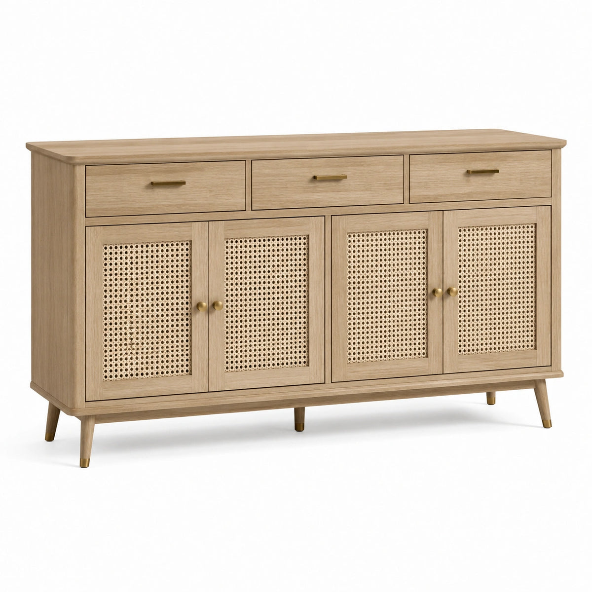 Sideboard 160 × 40 × 90 cm in Natur, Beige und Gold mit Rattangeflecht