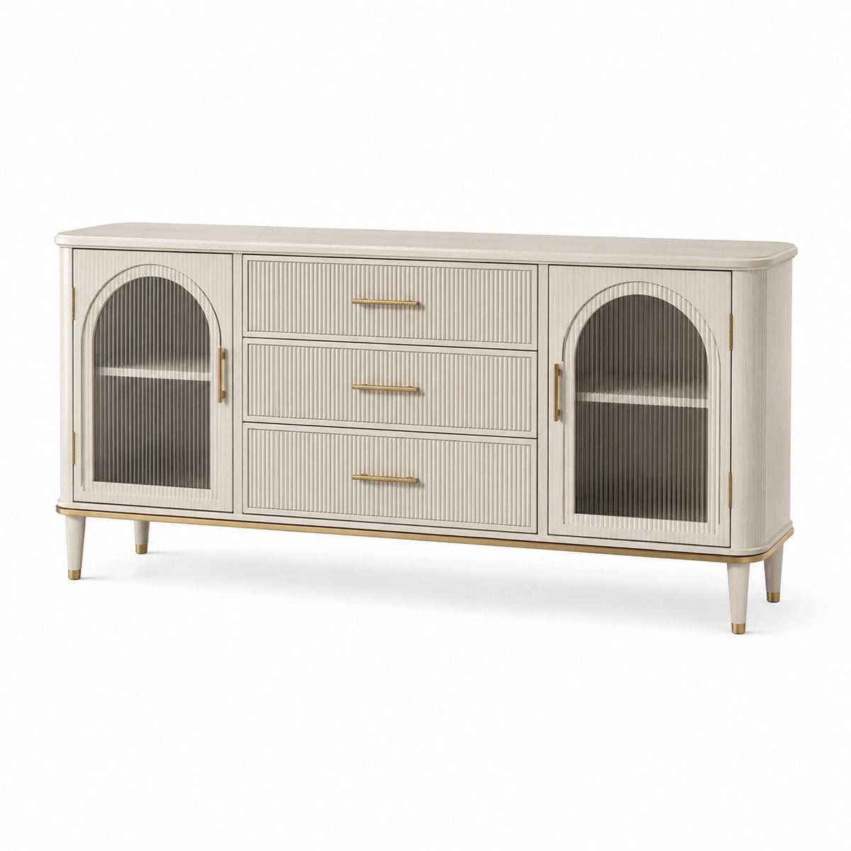 Sideboard 160 × 40 × 85 cm in Creme/Gold mit geriffelten Glastüren und 3 Schubladen