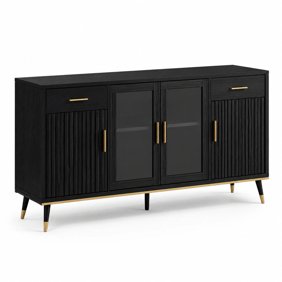 Modernes Sideboard mit 4 Türen und 2 Schubladen, 160 × 40 × 85 cm, Schwarz/Gold