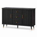 Schwarzes Sideboard 160 × 40 × 85 cm mit Lamellenfront, 2 Türen, 3 Schubladen und goldfarbenen Akzenten