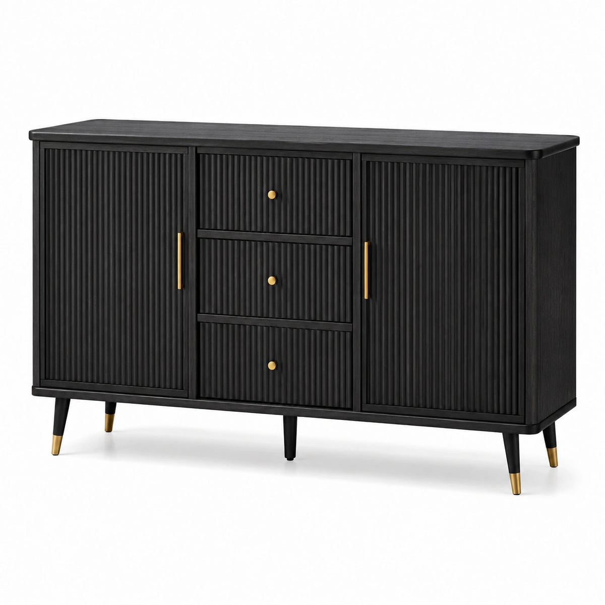 Schwarzes Sideboard 160 × 40 × 85 cm mit Lamellenfront, 2 Türen, 3 Schubladen und goldfarbenen Akzenten