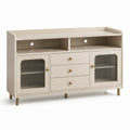 Sideboard 140 × 40 × 85 cm in Creme mit grauen Riffelglastüren, 3 Schubladen und goldfarbenen Metallfüßen