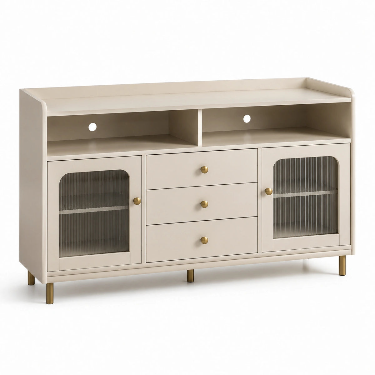 Sideboard 140 × 40 × 85 cm in Creme mit grauen Riffelglastüren, 3 Schubladen und goldfarbenen Metallfüßen