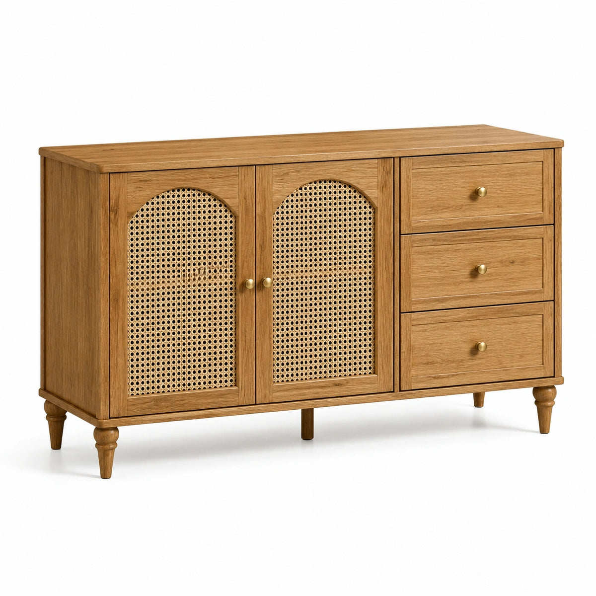 Sideboard aus Holz mit Rattangeflecht, 140 × 40 × 85 cm, 3 Schubladen, Holzbraun/Naturbeige