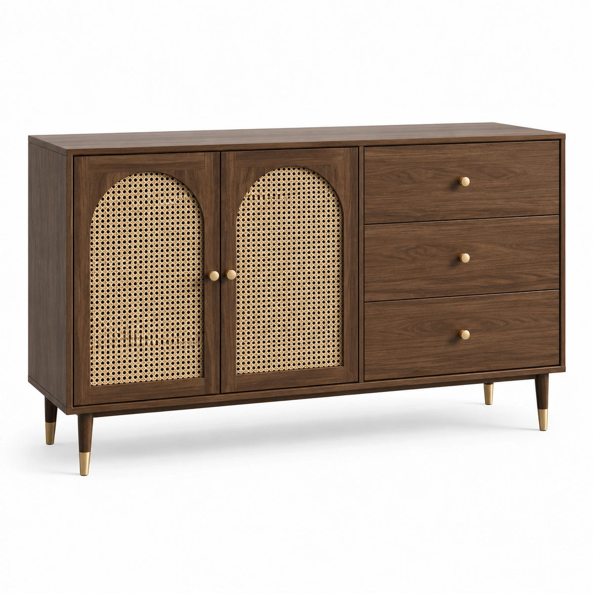 Sideboard 150 × 40 × 85 cm in Dunkelbraun/Natur/Gold mit Rattangeflecht, 3 Schubladen und 2 Türen